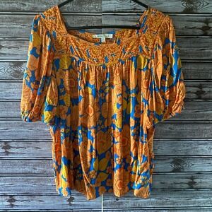 Rose + Olive Women's‎ Short-Sleeved Top Blouse Size XL Blue Orange Floral